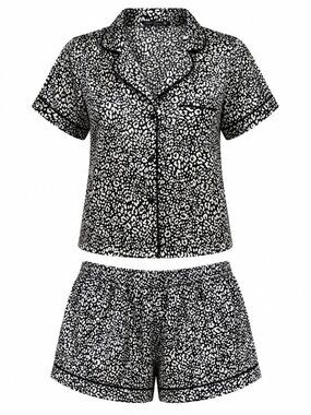 Tart Intimates Women’s Small Black White Leopard Satin Pajama Set Shorts 2PC